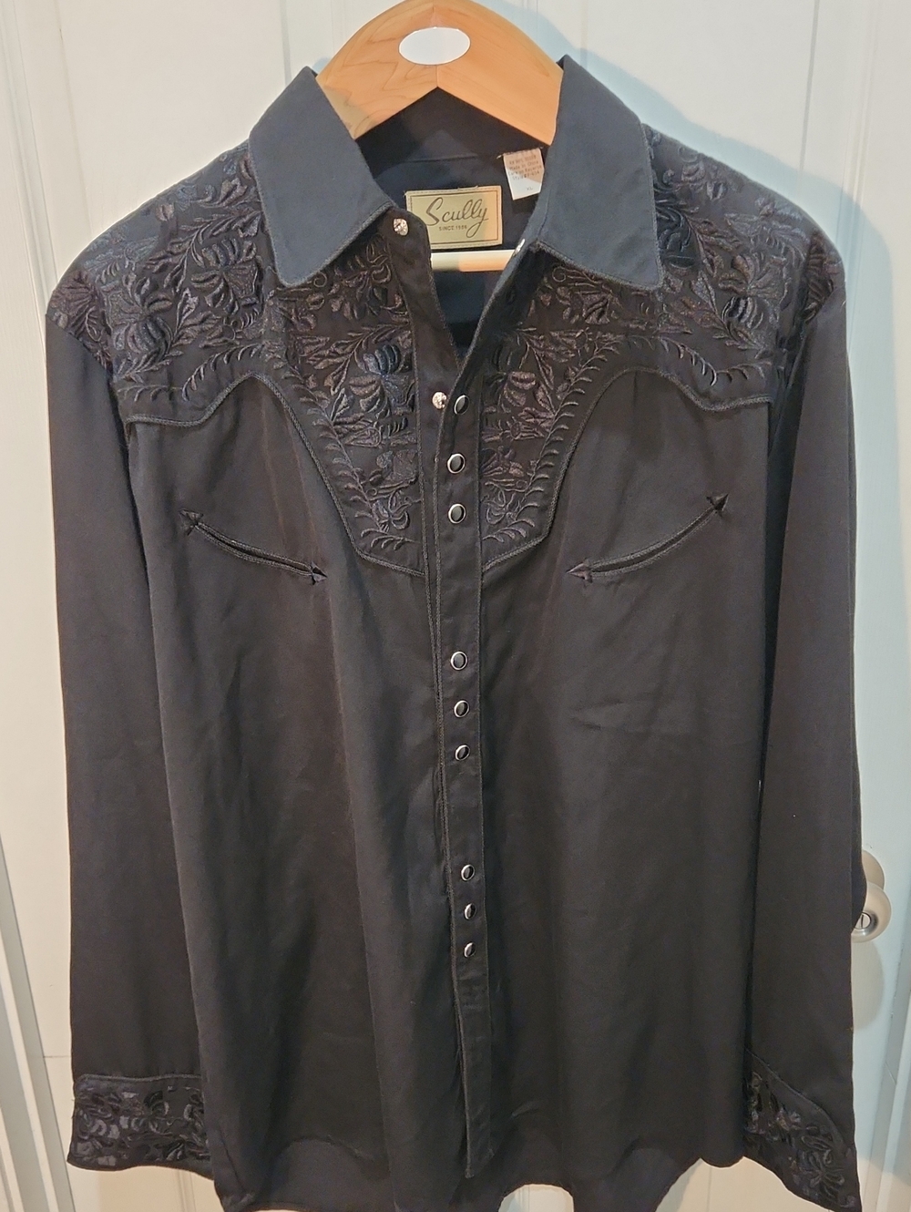 Scully Black Snap-Up Shirt with Floral Embroidery